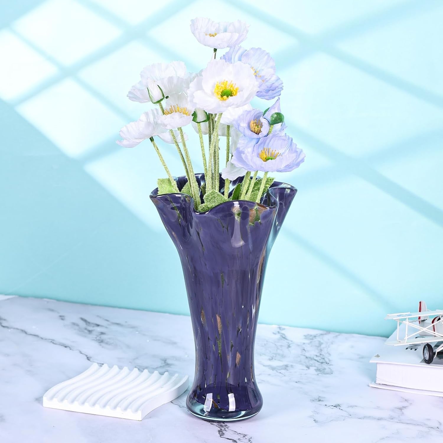 Purple Hand Blown Glass Vase Wide Mouth Flower Centerpiece Home Décor