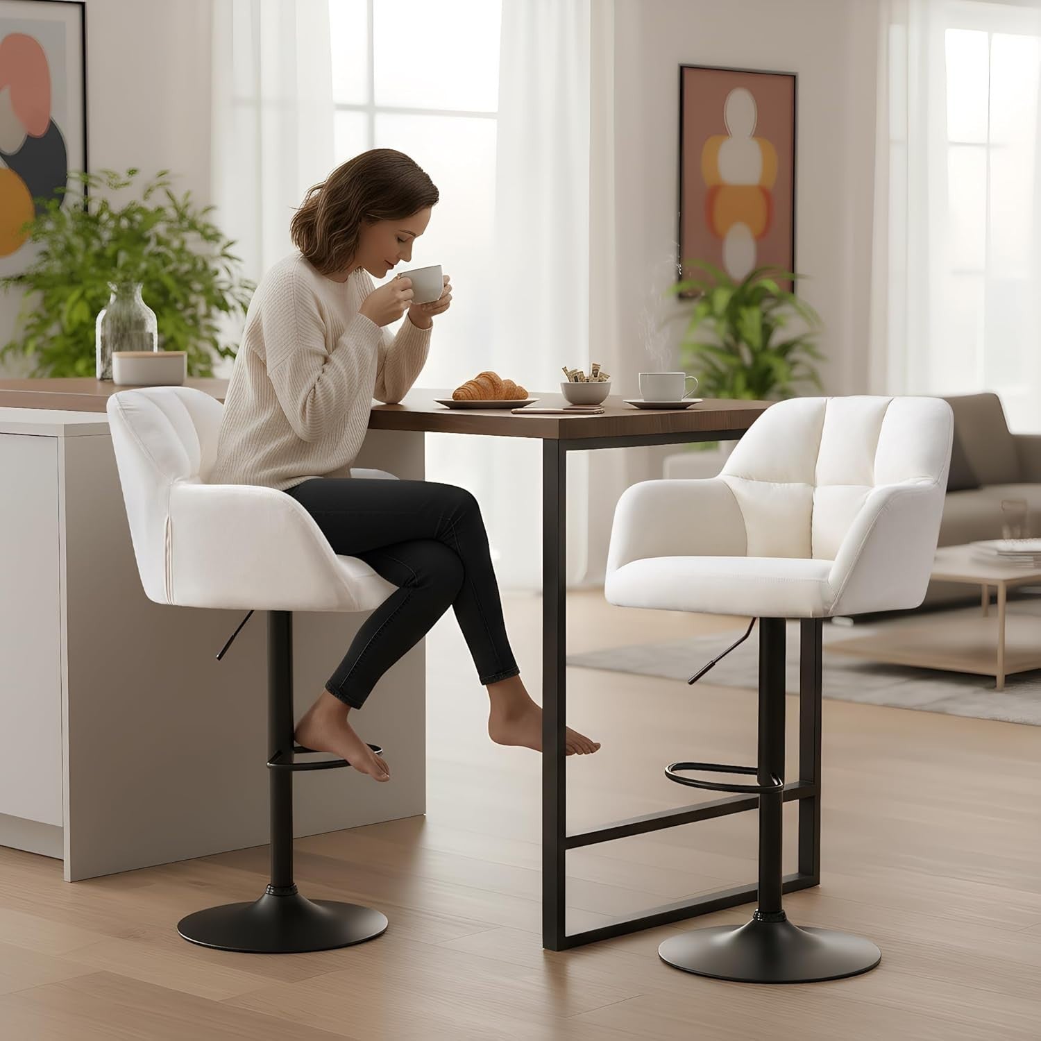 Adjustable Beige Velvet Bar Stools Set of 2 Swivel Kitchen Counter