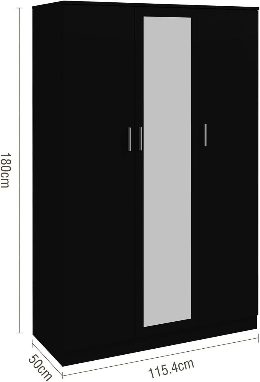 3-Door Mirrored Wardrobe with 6 Storage Compartments & Hanging Rail, Black