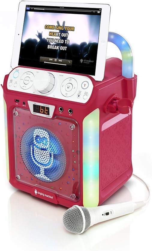 Bluetooth CD Karaoke Machine LED Lights Mic Party Speaker Pink