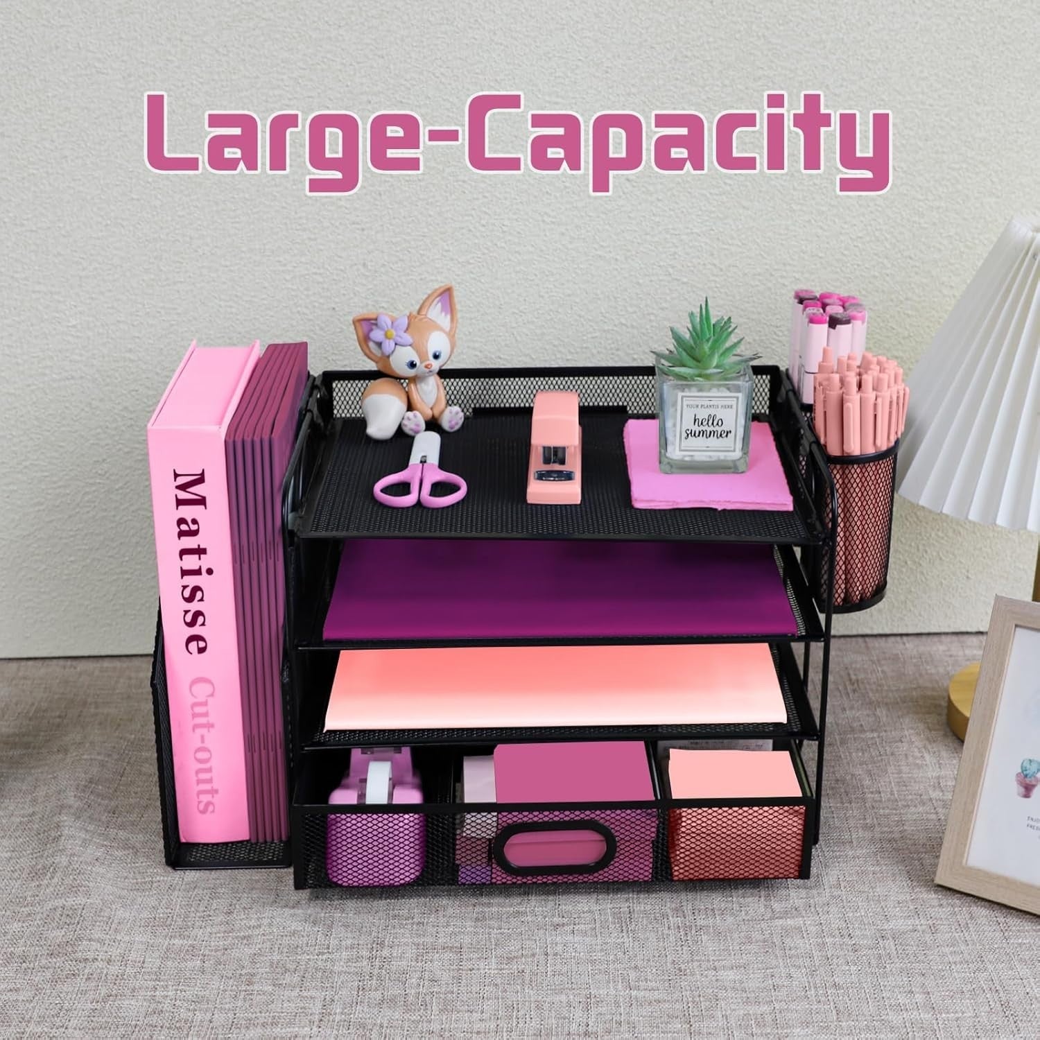 4-Tier Mesh Desk Organizer with Drawer & Pen Holders – Office File Tray