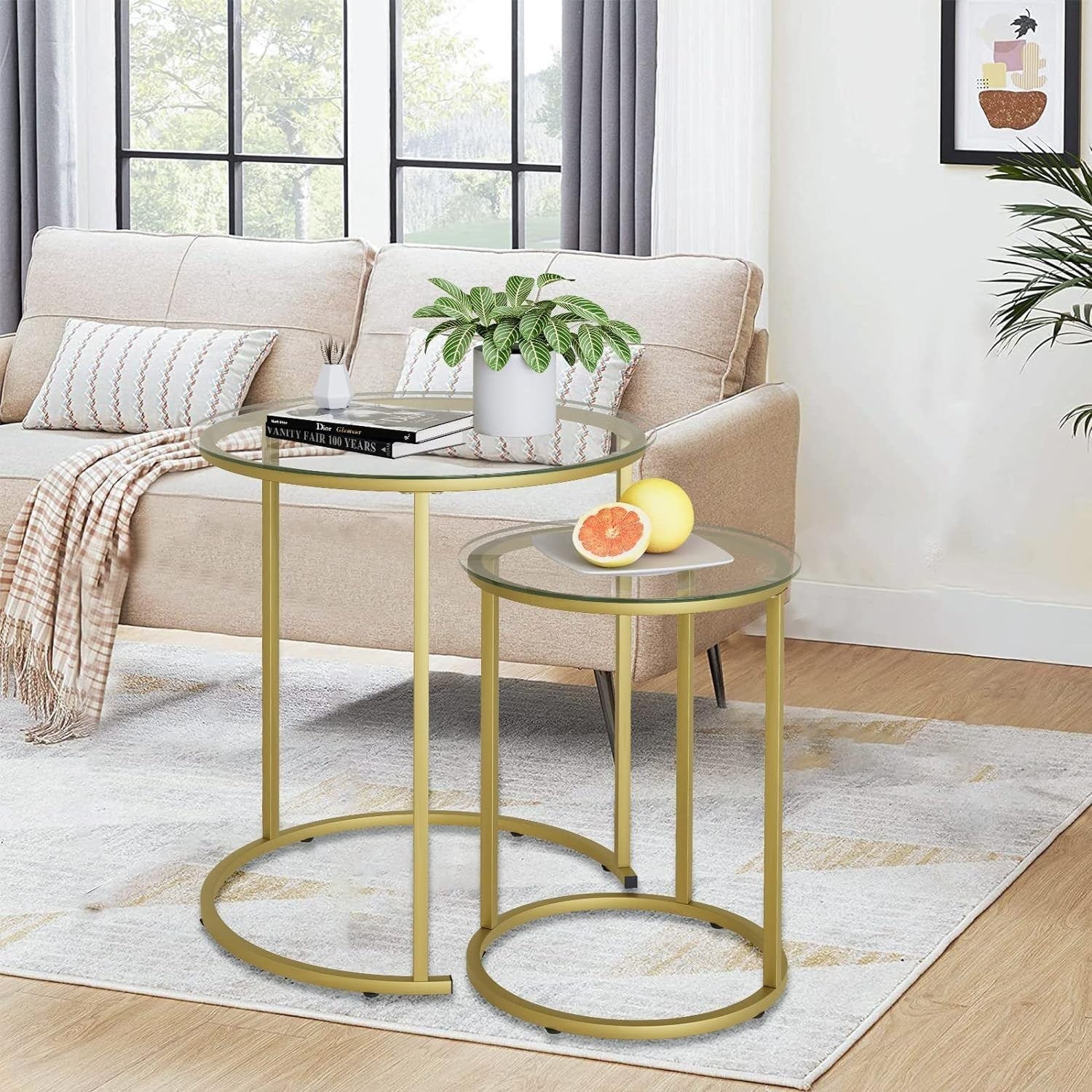 Space Saving Gold Nesting Coffee Table Set 2 Round Glass End Side Tables