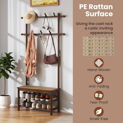 3-in-1 Bamboo Coat Rack with Bench & Shelves Rattan Hallway Entryway Storage