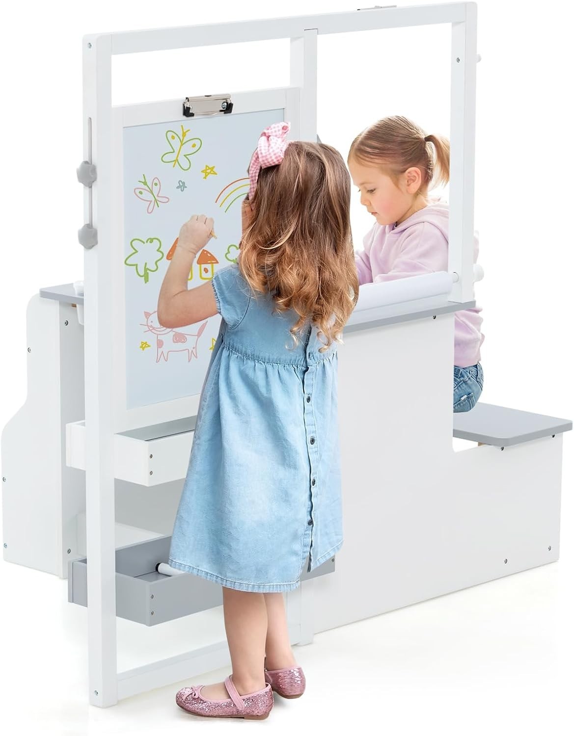 Kids Art Table with Double-Sided Easel, Storage, Paper Roll & Bench Set