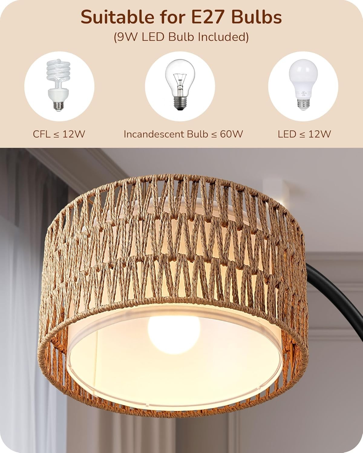 Arc Floor Lamp Black Rattan Shade Dimmable Remote Boho LED Standing Light