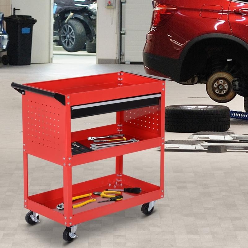 3-Tier Tool Trolley Cart with Drawer | Red Garage Workshop Storage Unit