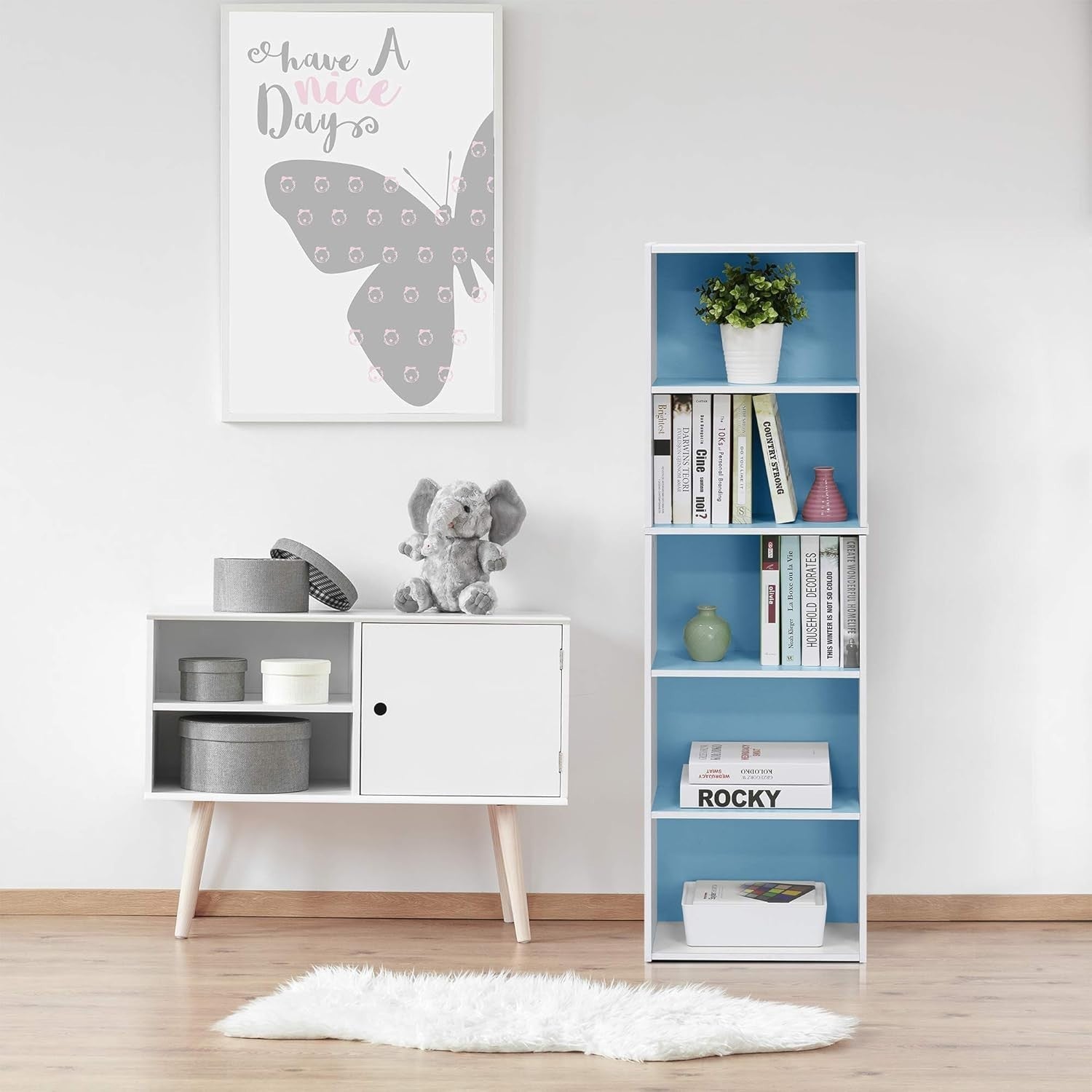 5 Tier Reversible Bookcase Storage Open Shelf Compact Organizer Bookshelf Blue