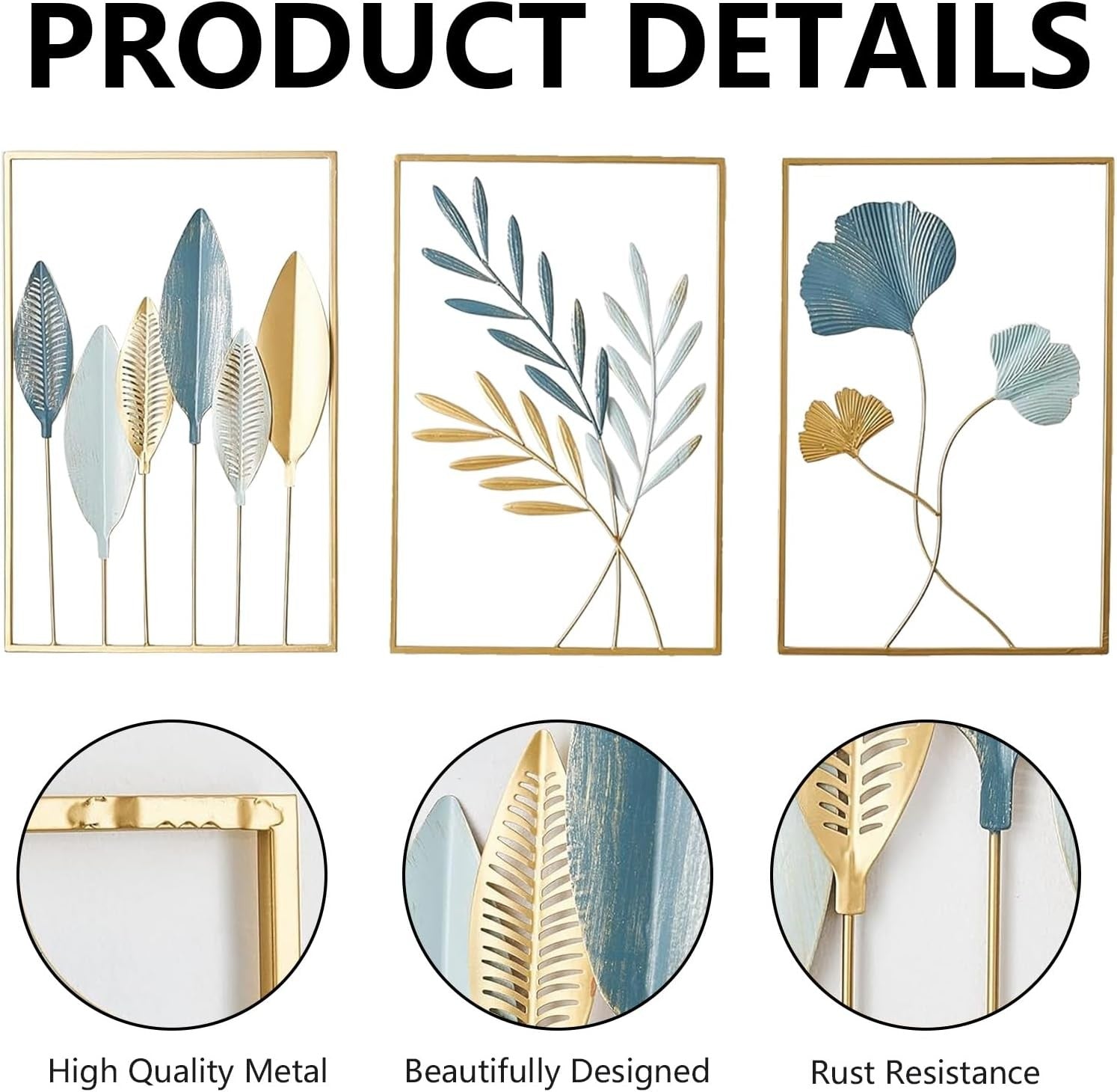 Gold Metal Leaf Wall Art Set 3Pcs Modern 30x40cm