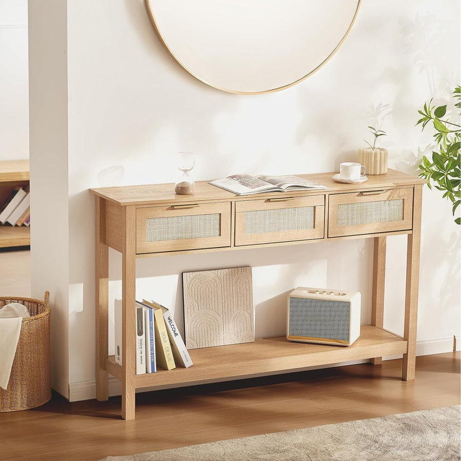 Natural Rattan Console Table with 3 Drawers – Spacious Entryway Storage
