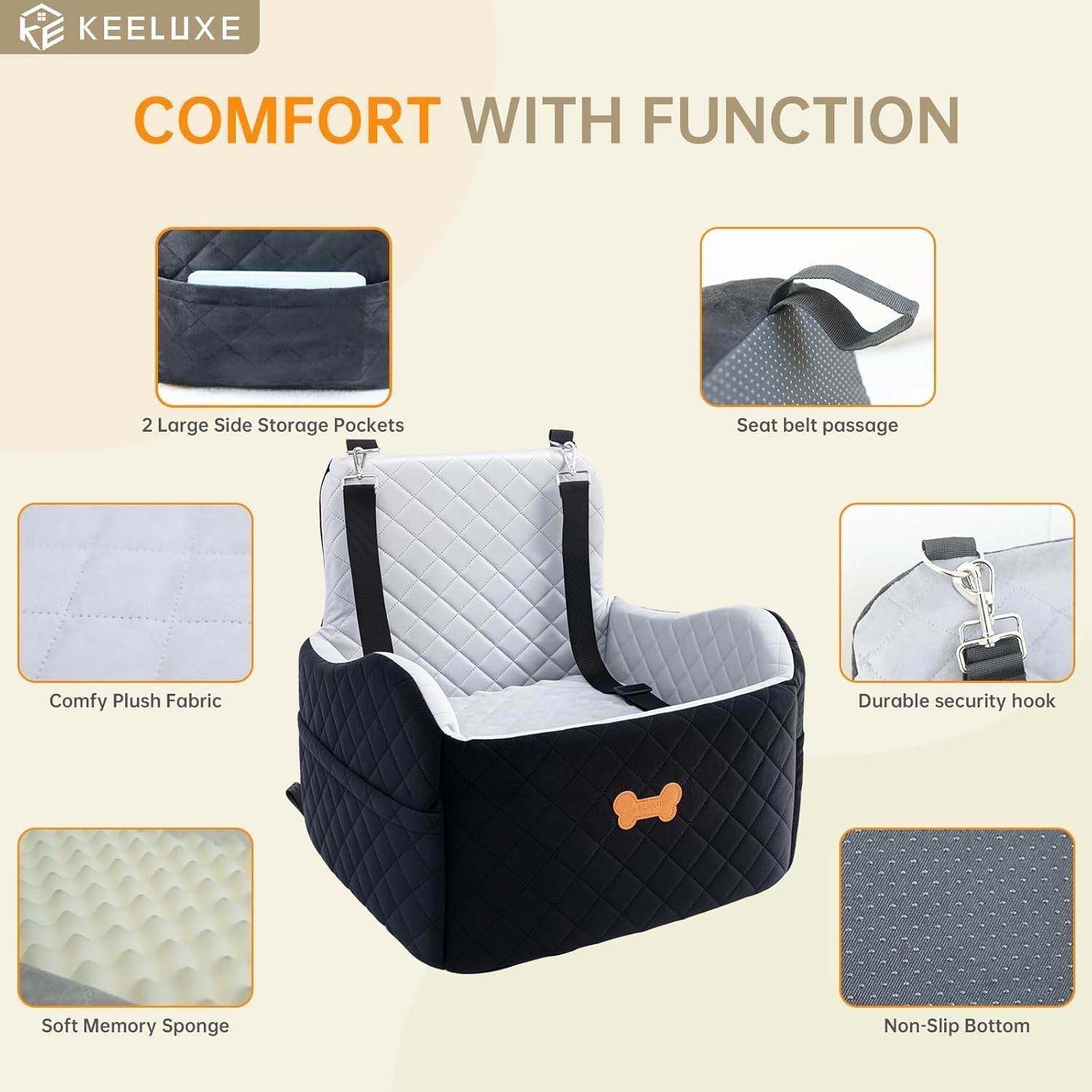 Memory Foam Dog Car Seat Booster Bed 2 Safety Leashes Travel 30lb