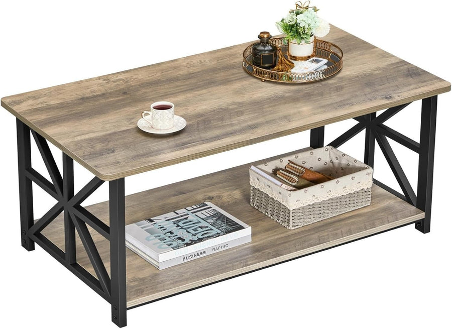 2-Tier Grey Coffee Table with X-Frame, Rounded Corners, 100cm Storage