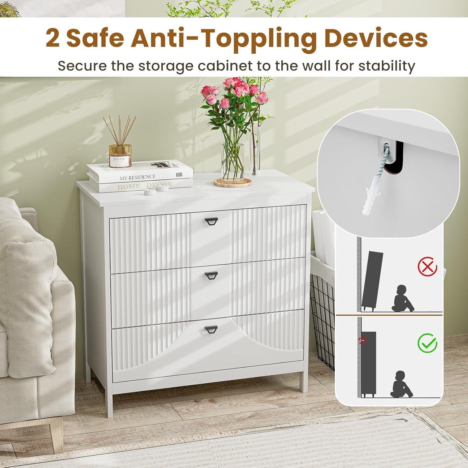 3-Drawer White Wooden Chest Dresser Storage Cabinet for Bedroom & Living Room