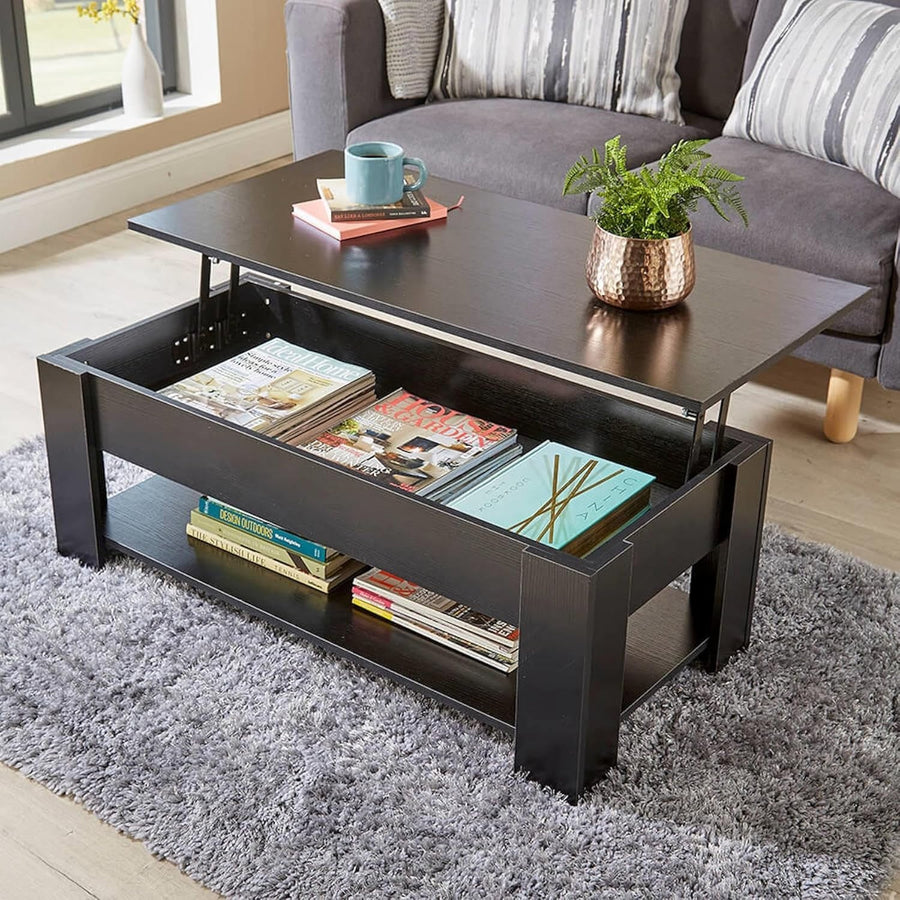 Lift Top Black Coffee Table 100x50cm with Hidden Storage & Magazine Shelf