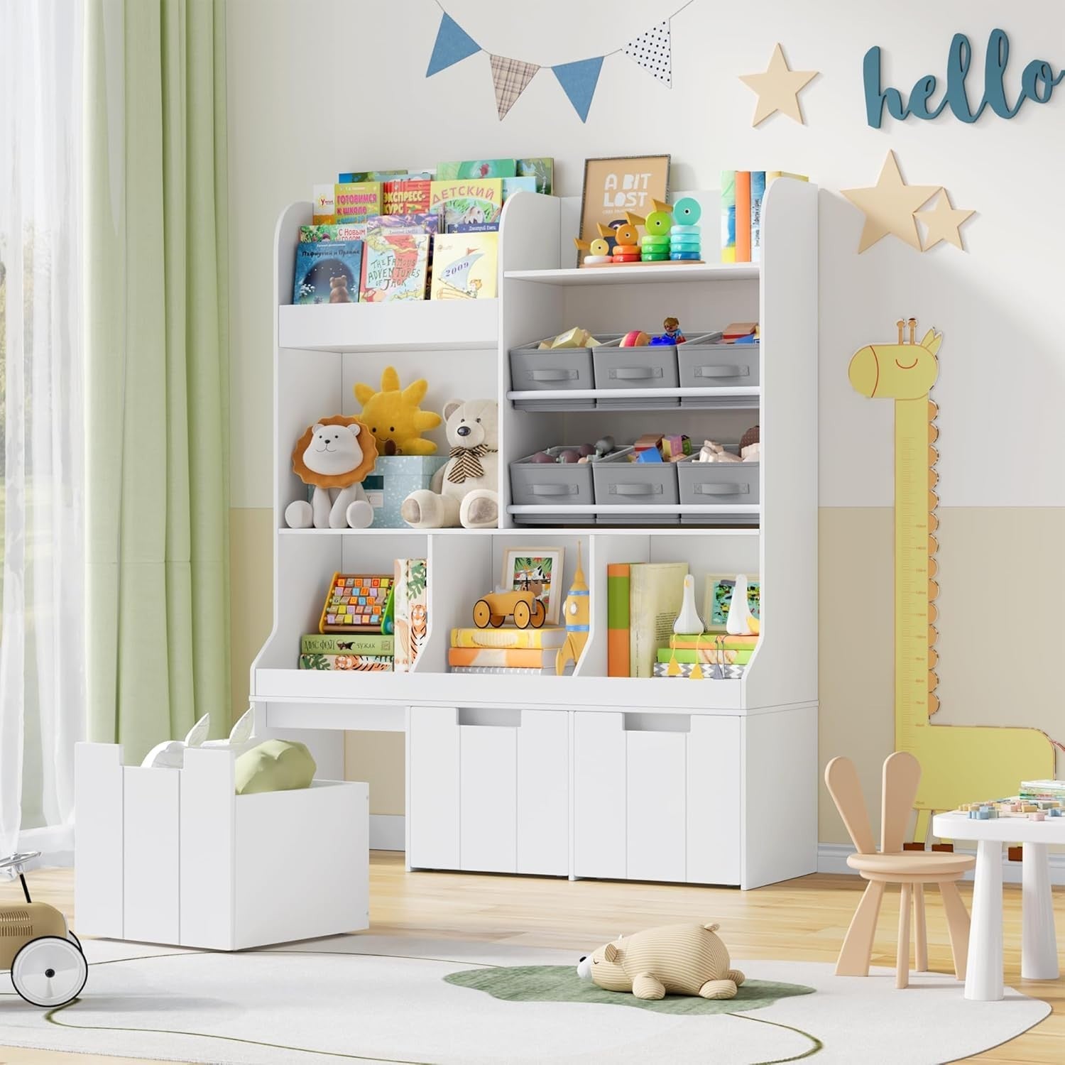 Kids Toy Storage Unit Bookcase Organizer w/ Bins Drawers Wheels Nursery White