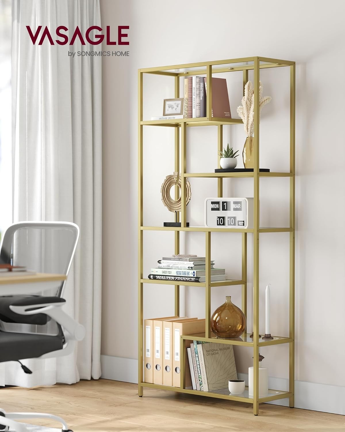 6-Tier Gold Glass Bookcase | Modern Display Shelf Unit for Living Room Office