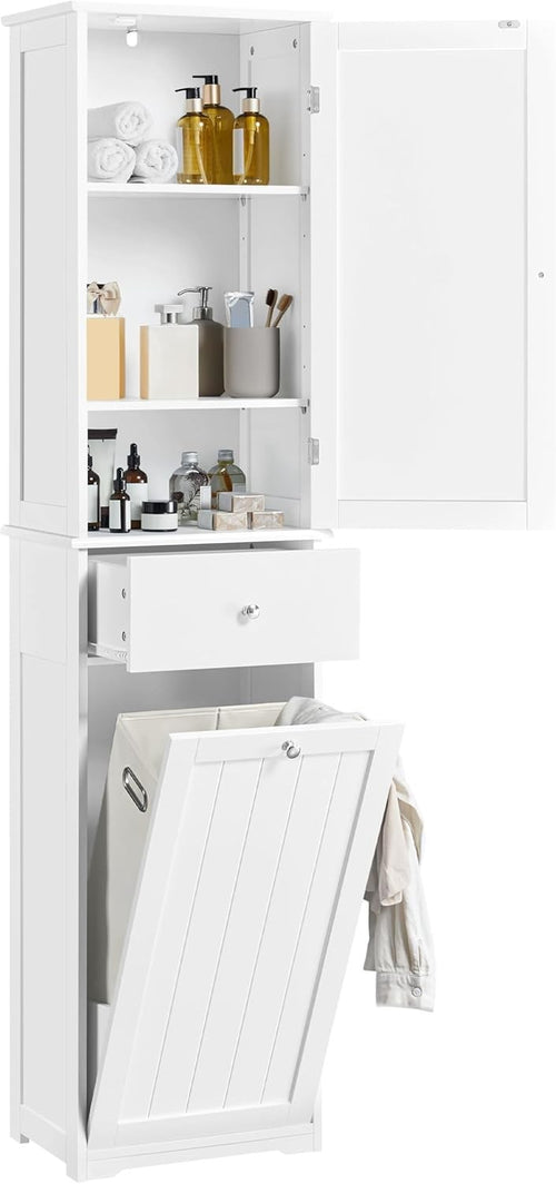 Tall Bathroom Cabinet with Tilt-Out Laundry Basket & Storage Shelves | 180cm Whi