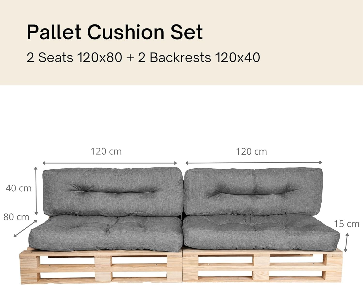 Pallet Sofa Cushions Set Waterproof UV Foam Garden Seating 120x80cm Grey