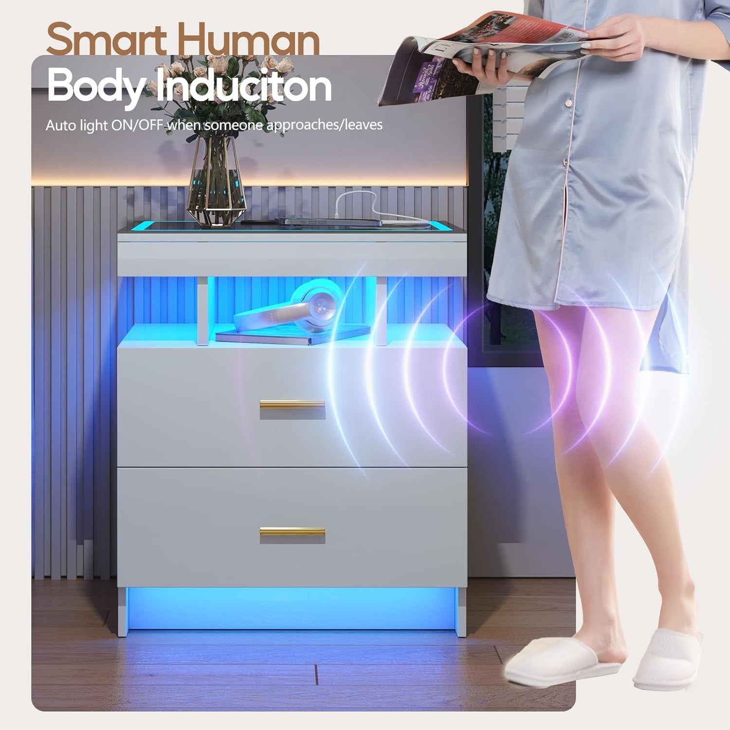 White LED Bedside Table with Wireless Charging, Glass Top & 2 Drawers Modern