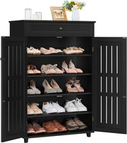 Black 5-Tier Wooden Shoe Cabinet with Drawer & Adjustable Shelves Storage