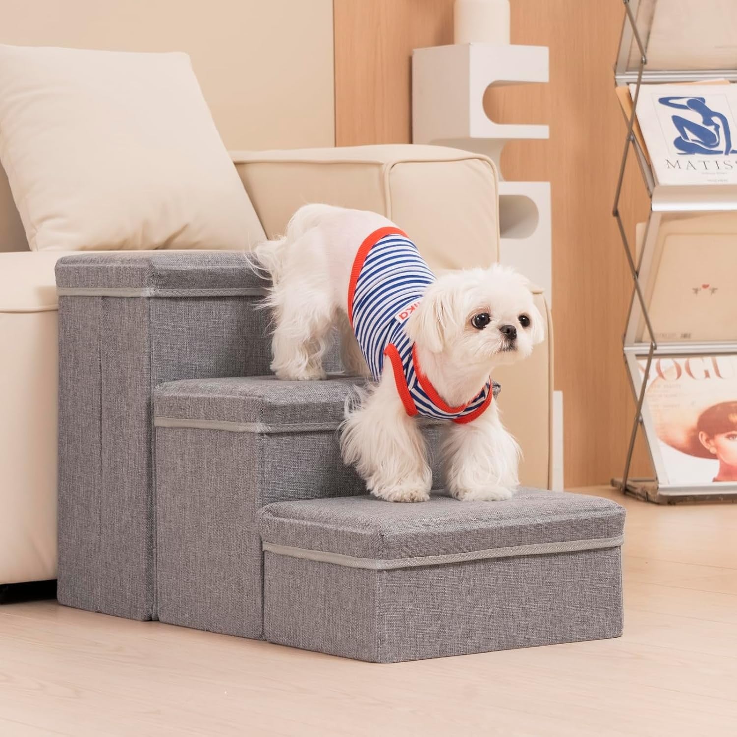 Dog Stairs with Storage 3 Step Pet Steps for Bed Sofa Grey