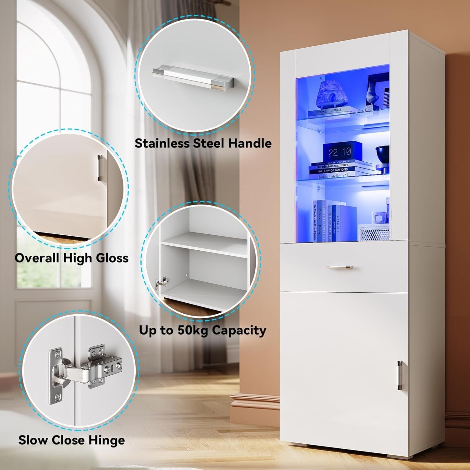 White Gloss Tall LED Display Cabinet 165cm Modern Cupboard with Drawer & Shelves
