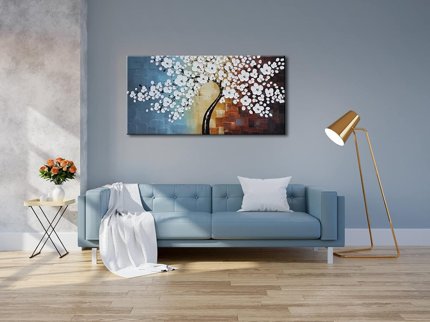 Large Hand Painted White Flowers Canvas Wall Art