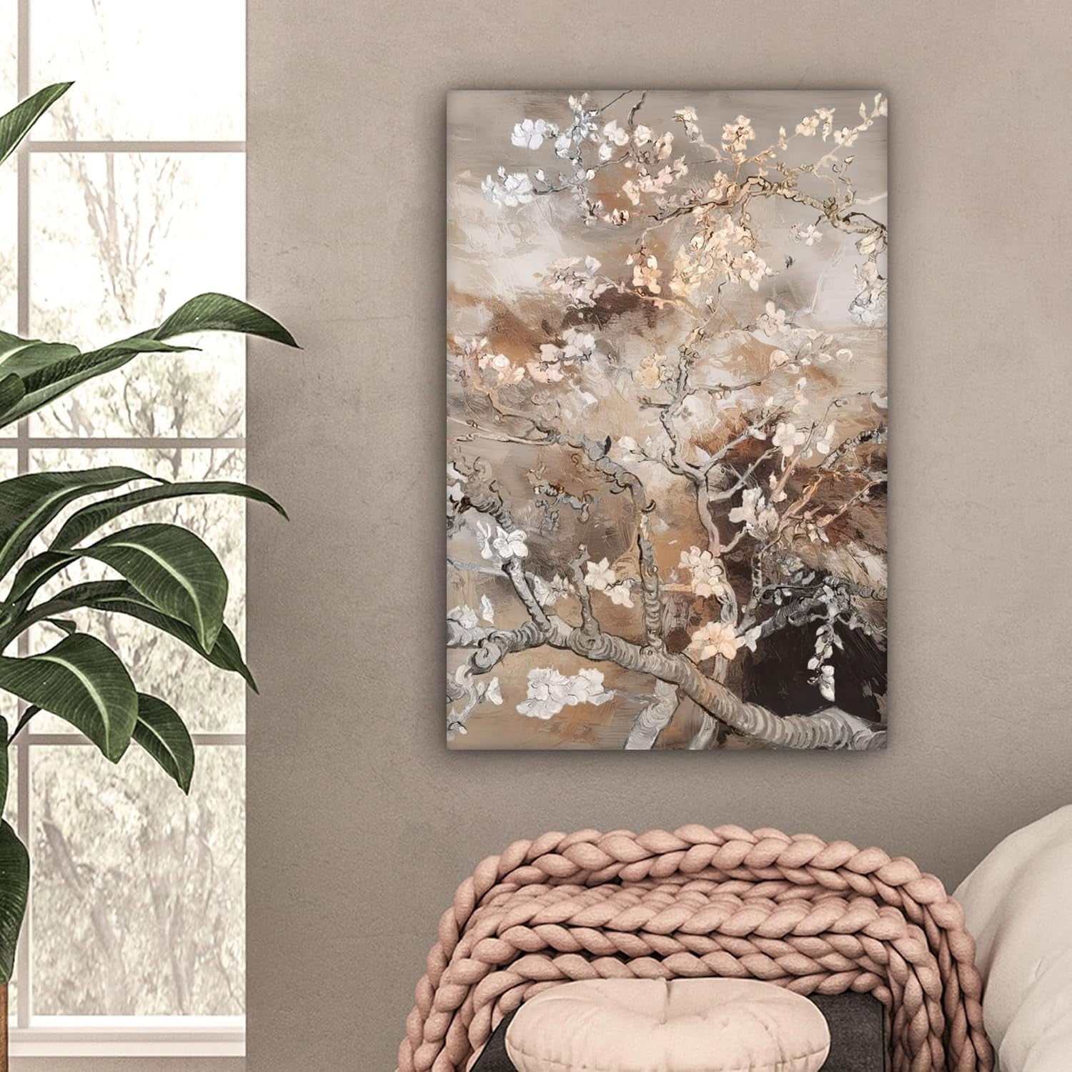 Almond Blossom Canvas Wall Art 40x60cm Beige Floral Print