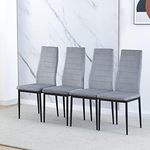 Modern 5-Piece Round Glass Dining Table Set with 4 Grey Velvet Chairs