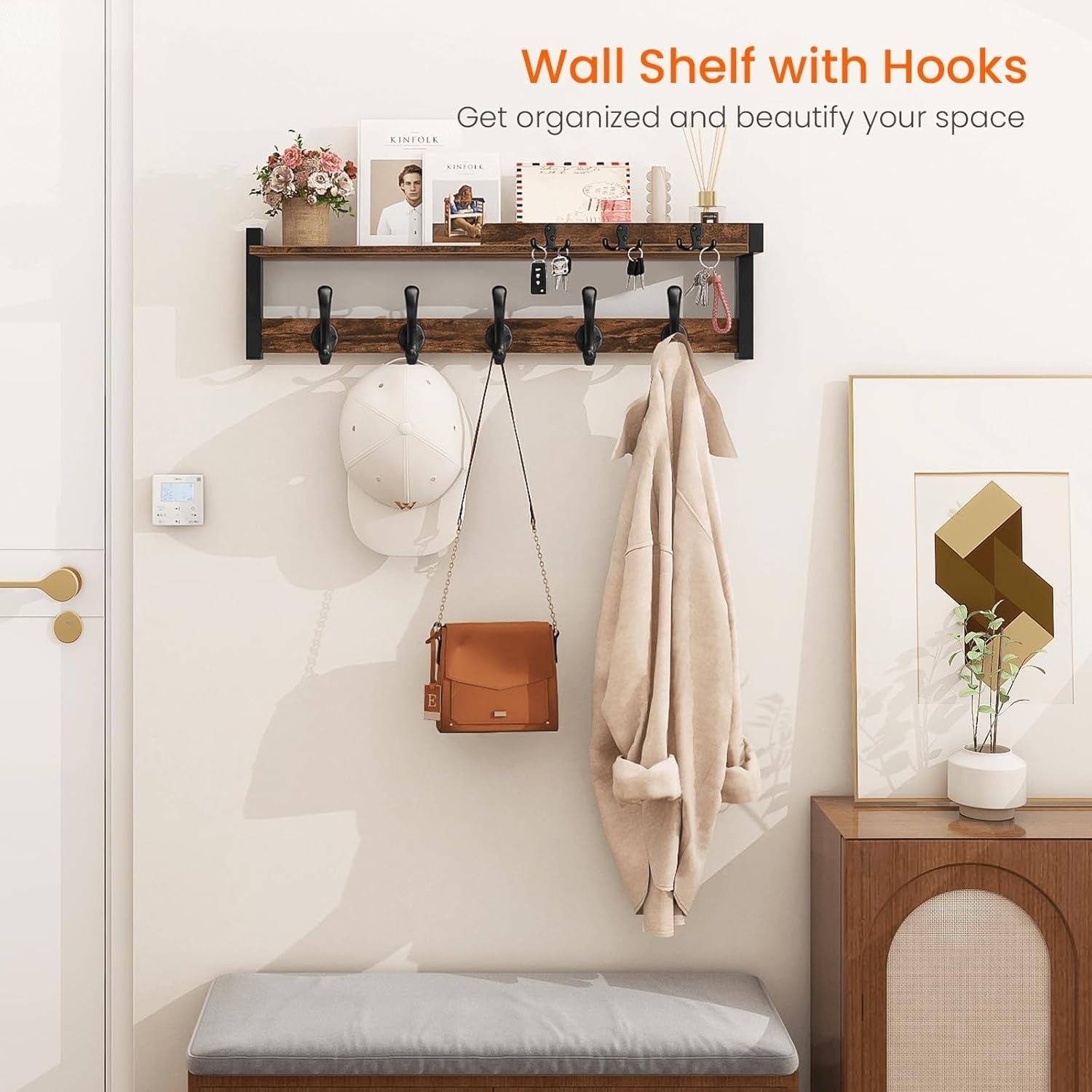 Rustic Wall Coat Rack 29" Wood Shelf with Hooks & Key Holder Entryway Organizer