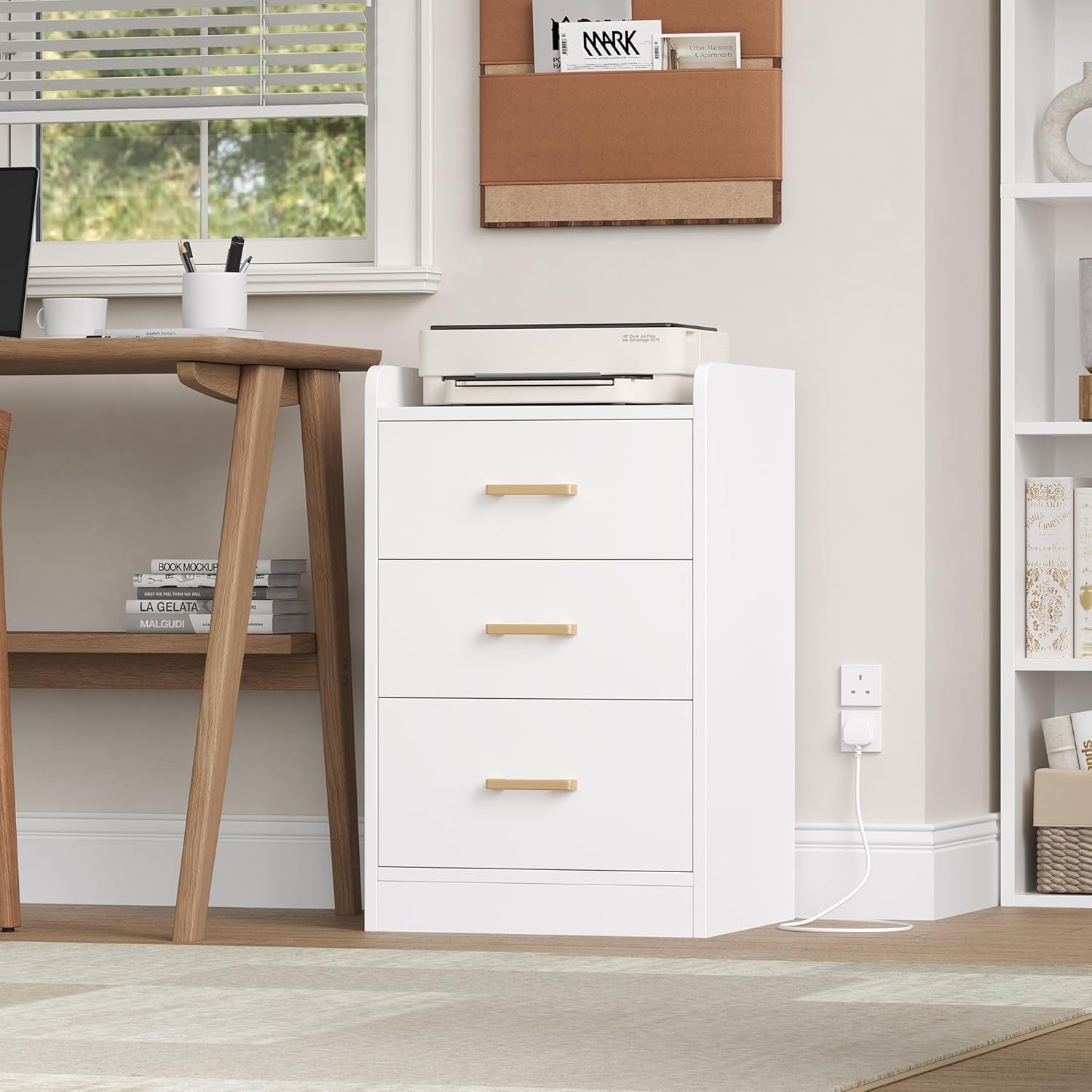 Set of 2 White Bedside Tables with Charging Station | 3 Drawer Nightstands
