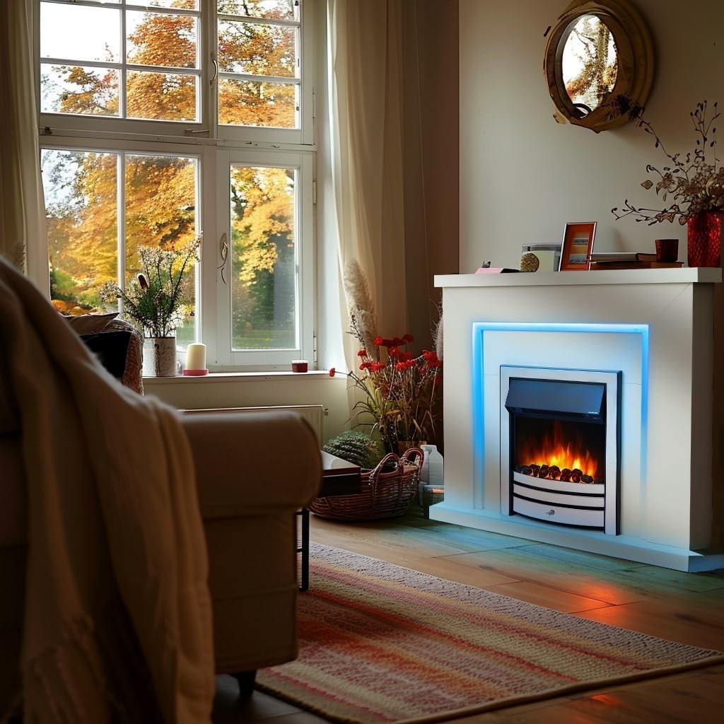 42" LED Electric Fireplace Suite White Surround Chrome Fire Remote Heat