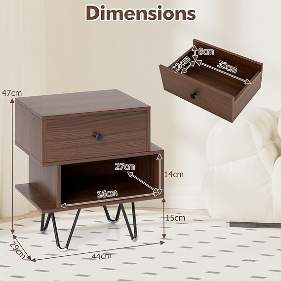 Modern Walnut Bedside Tables Set of 2, Wood Nightstands with Drawer & Shelf