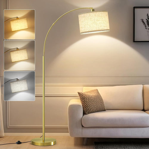 Gold Arc Floor Lamp Adjustable Head Tall Standing Light with Fabric Shade