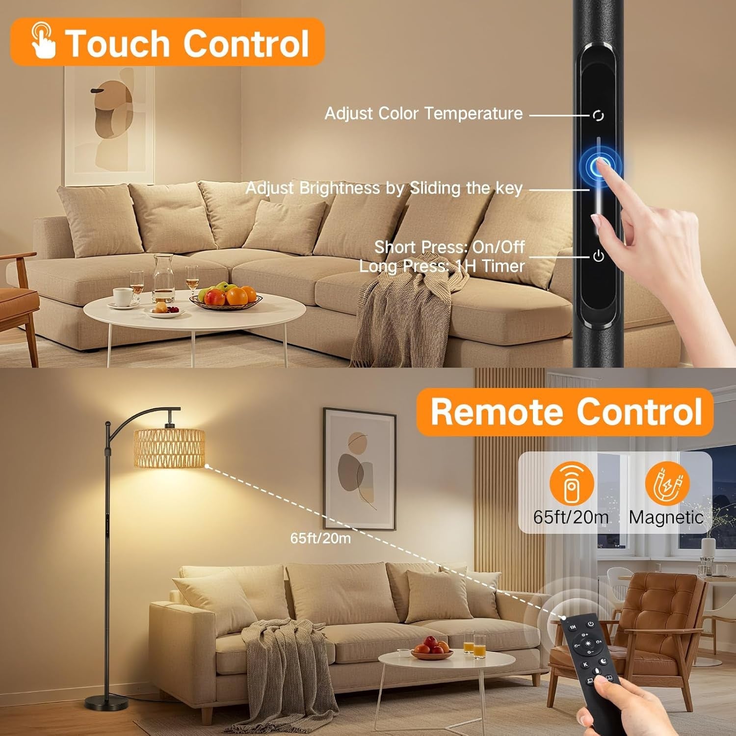 Boho Floor Lamp Rattan Linen Double Shade Dimmable Touch Remote Adjustable