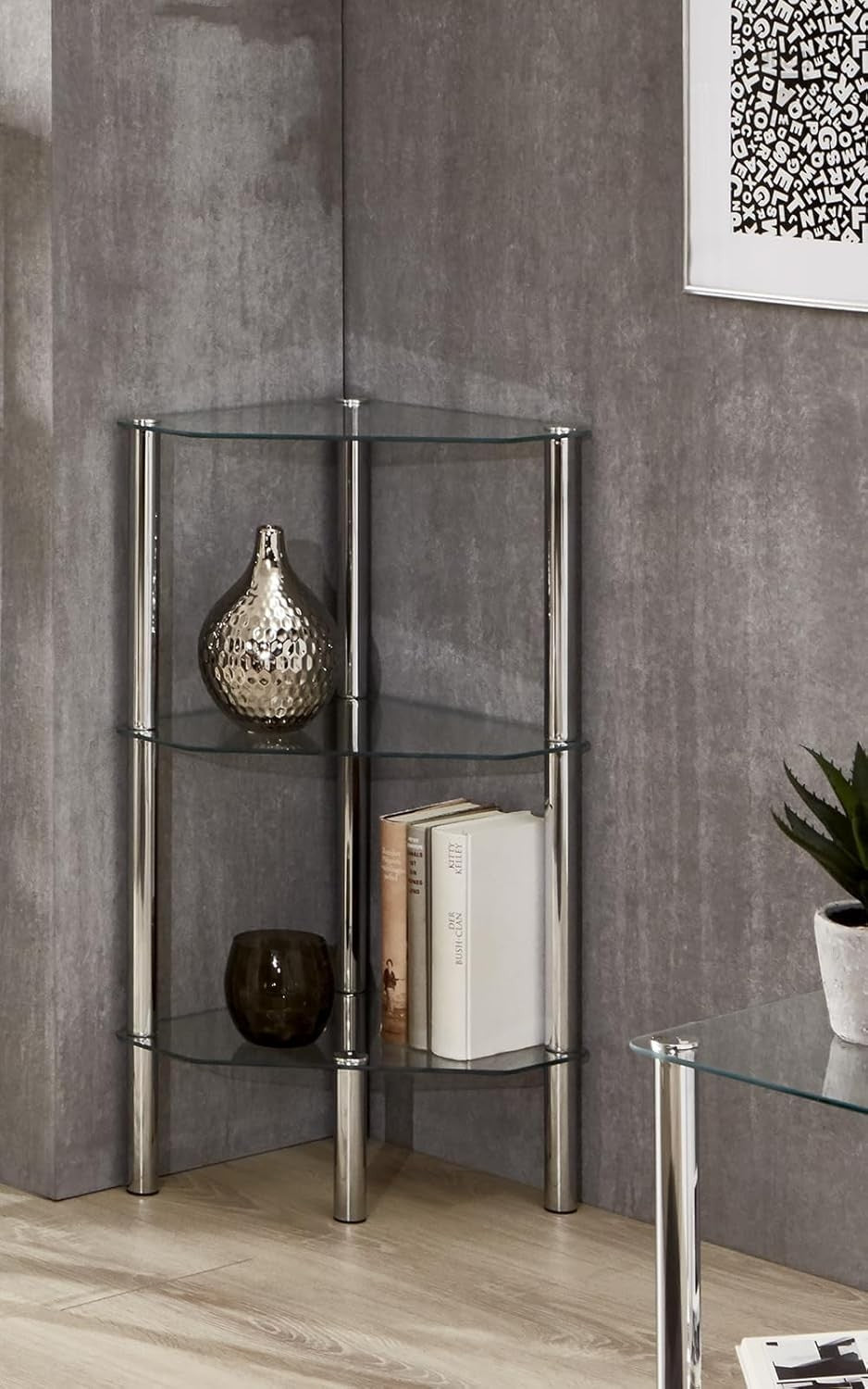 Modern Chrome Metal Rack with Tempered Glass Shelf Space Saving 46x32x77cm