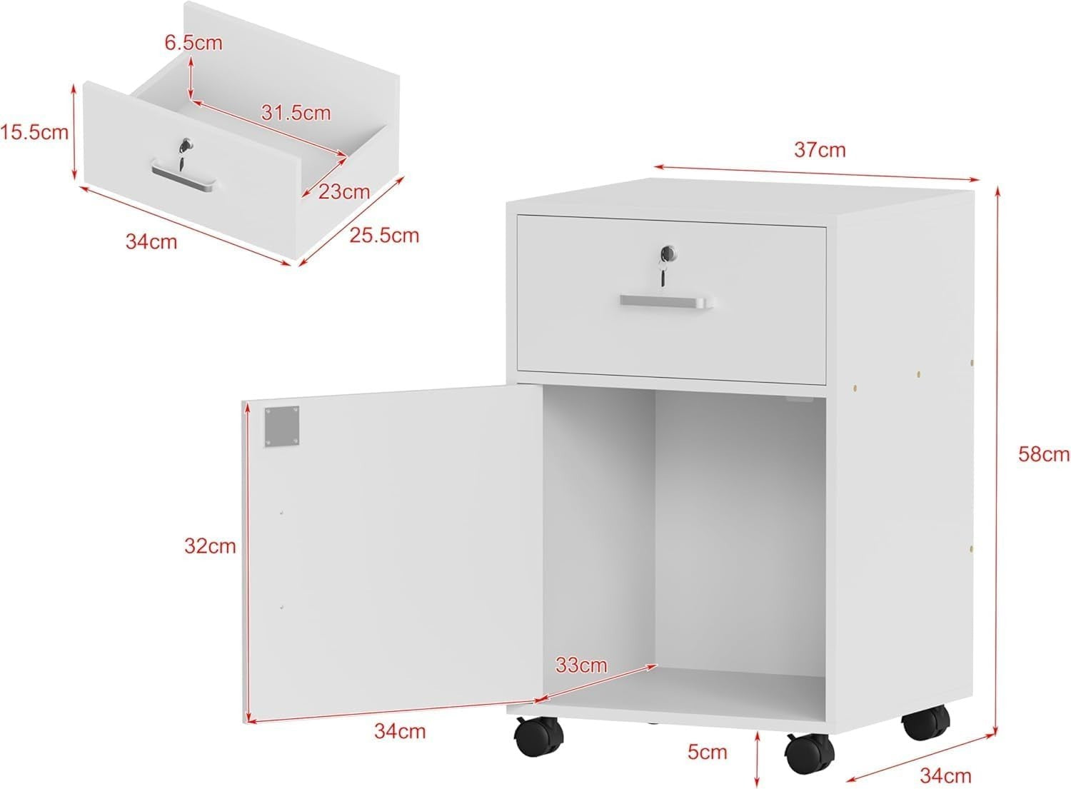 White Lockable Mobile File Cabinet with Door & Drawers Under Desk