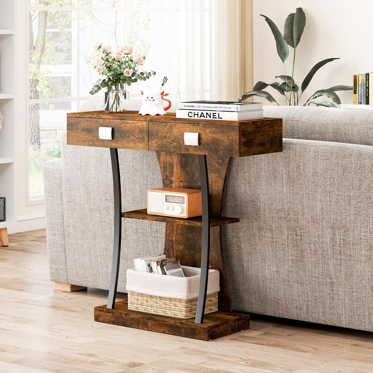 Narrow Rustic Brown Console Table with 2 Drawers & Storage Shelves