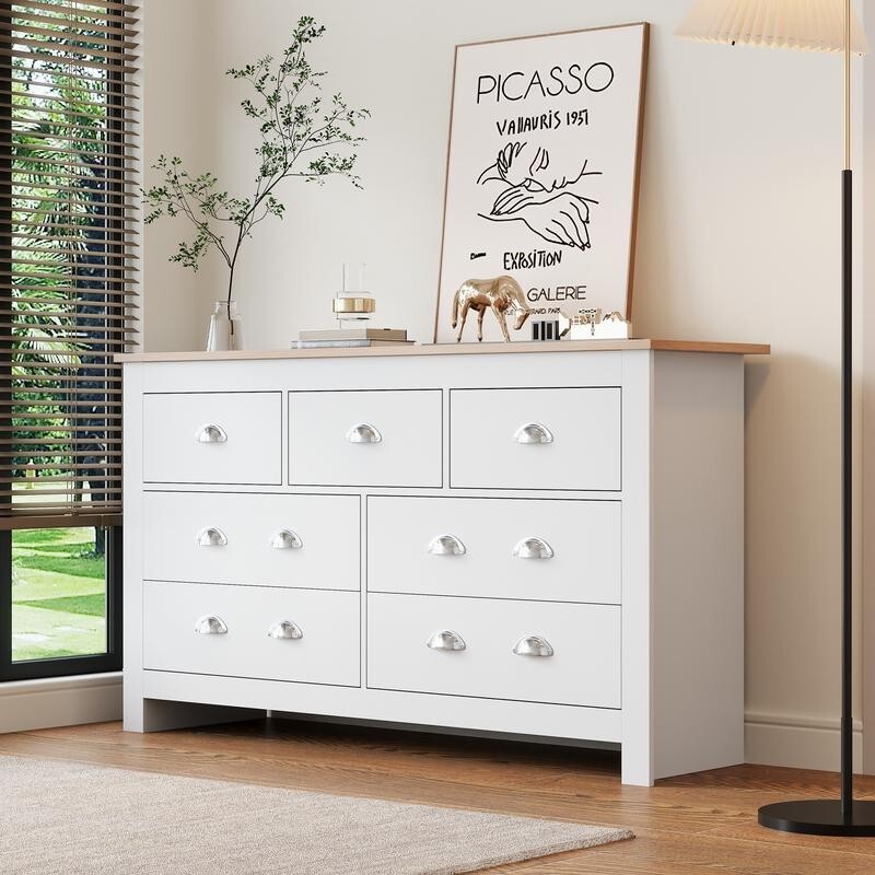 White Oak Sideboard Storage Cabinet 7 Drawer Buffet Table Unit Modern