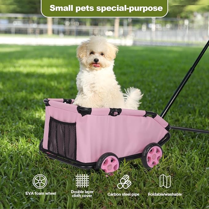 Foldable Pet Wagon with Pull Handle Mini Dog Travel Cart Wheels Pink