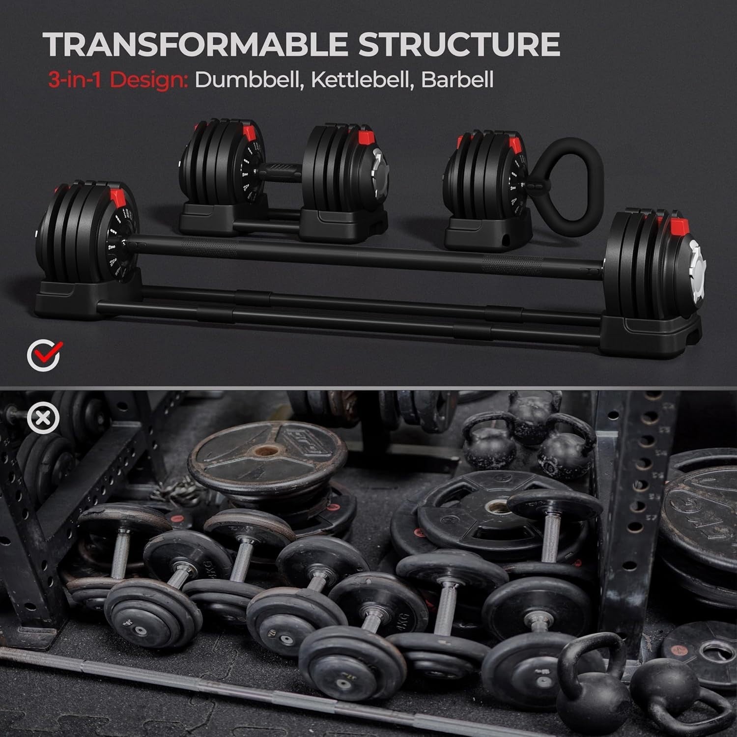 3-in-1 Adjustable Dumbbell Barbell Kettlebell Set Up to 24kg Home Gym