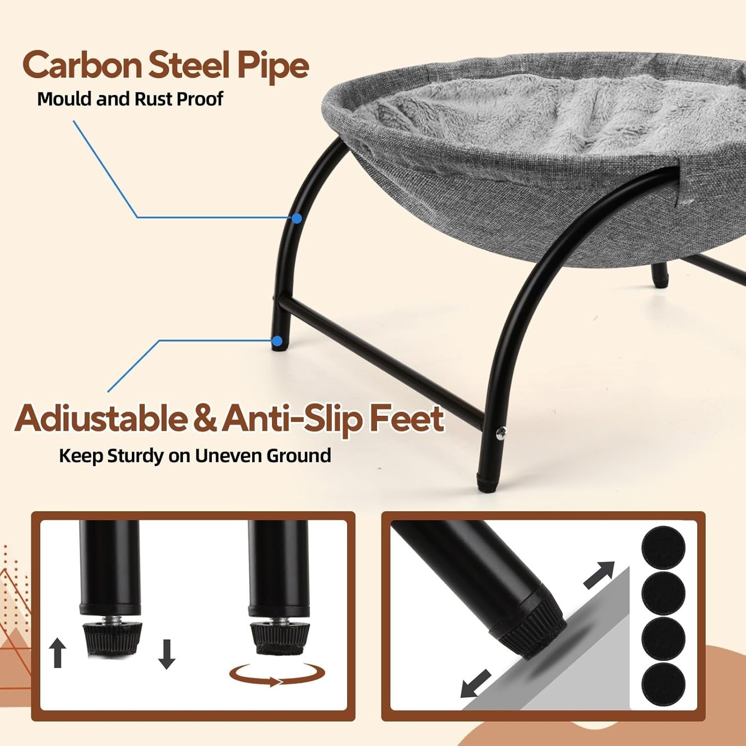 Elevated Cat Hammock Bed Free Standing Pet Cot Plush Washable Gray