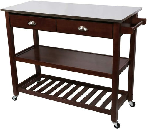 Kitchen Island Cart with Stainless Steel Top & Storage Drawers, 115x48x89cm
