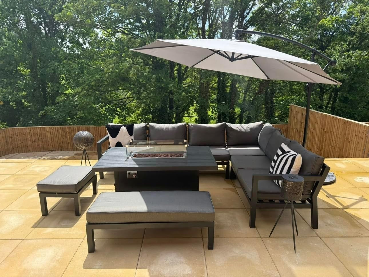 Corner Garden Sofa Set with Fire Pit Table Outdoor Aluminium Lounge Set