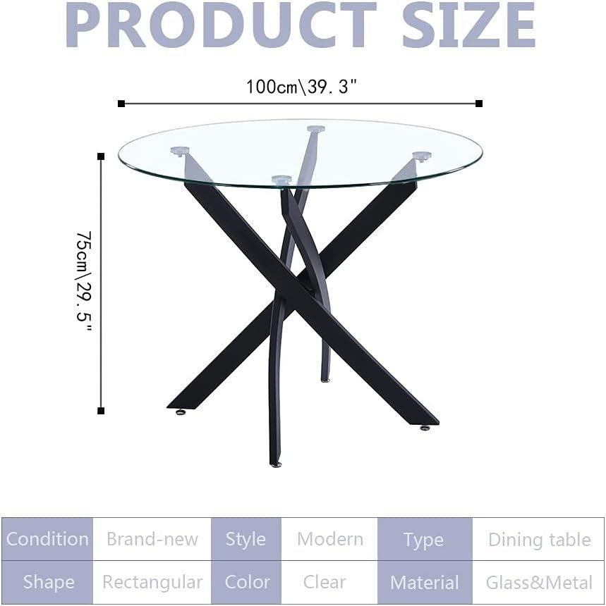 100cm Round Glass Dining Table & 4 Velvet Chairs Black Metal Legs Set