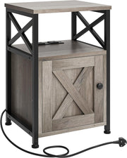 Grey Bedside Table with USB Ports & Storage Cabinet | Industrial Metal Frame