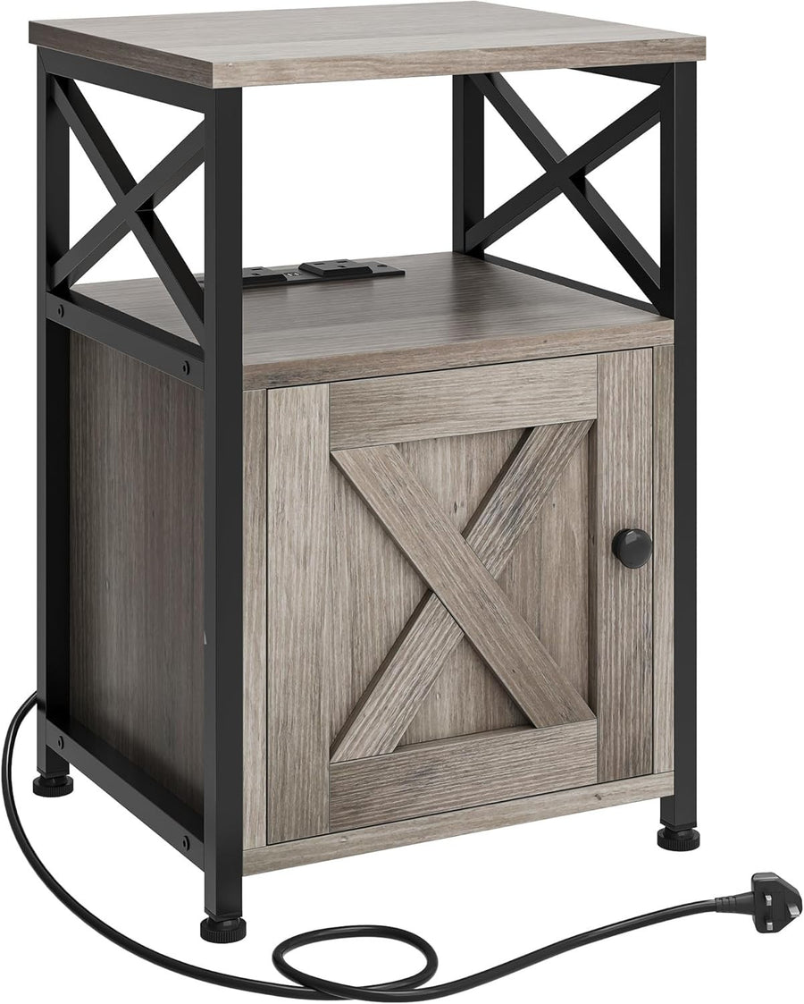 Grey Bedside Table with USB Ports & Storage Cabinet | Industrial Metal Frame