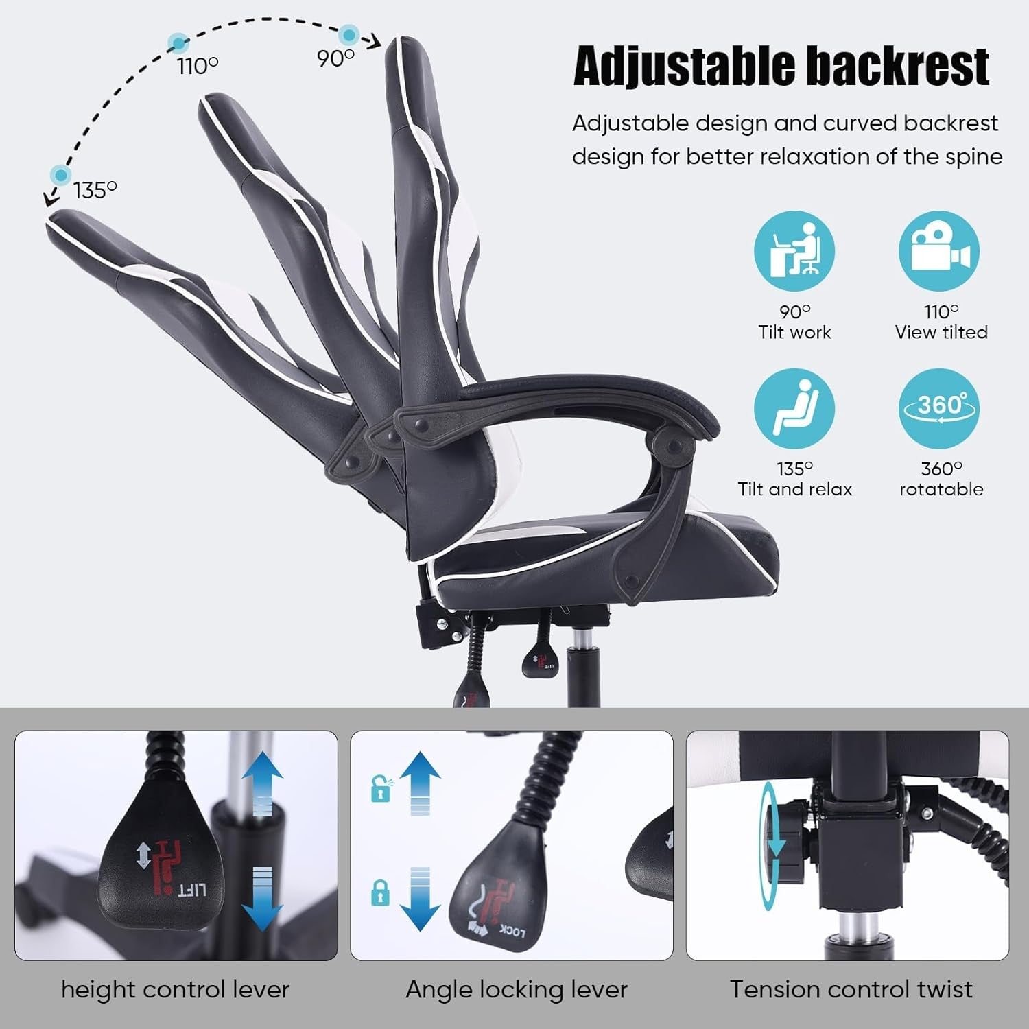 Ergonomic Gaming Chair Reclining Office Desk Chair Lumbar Support White