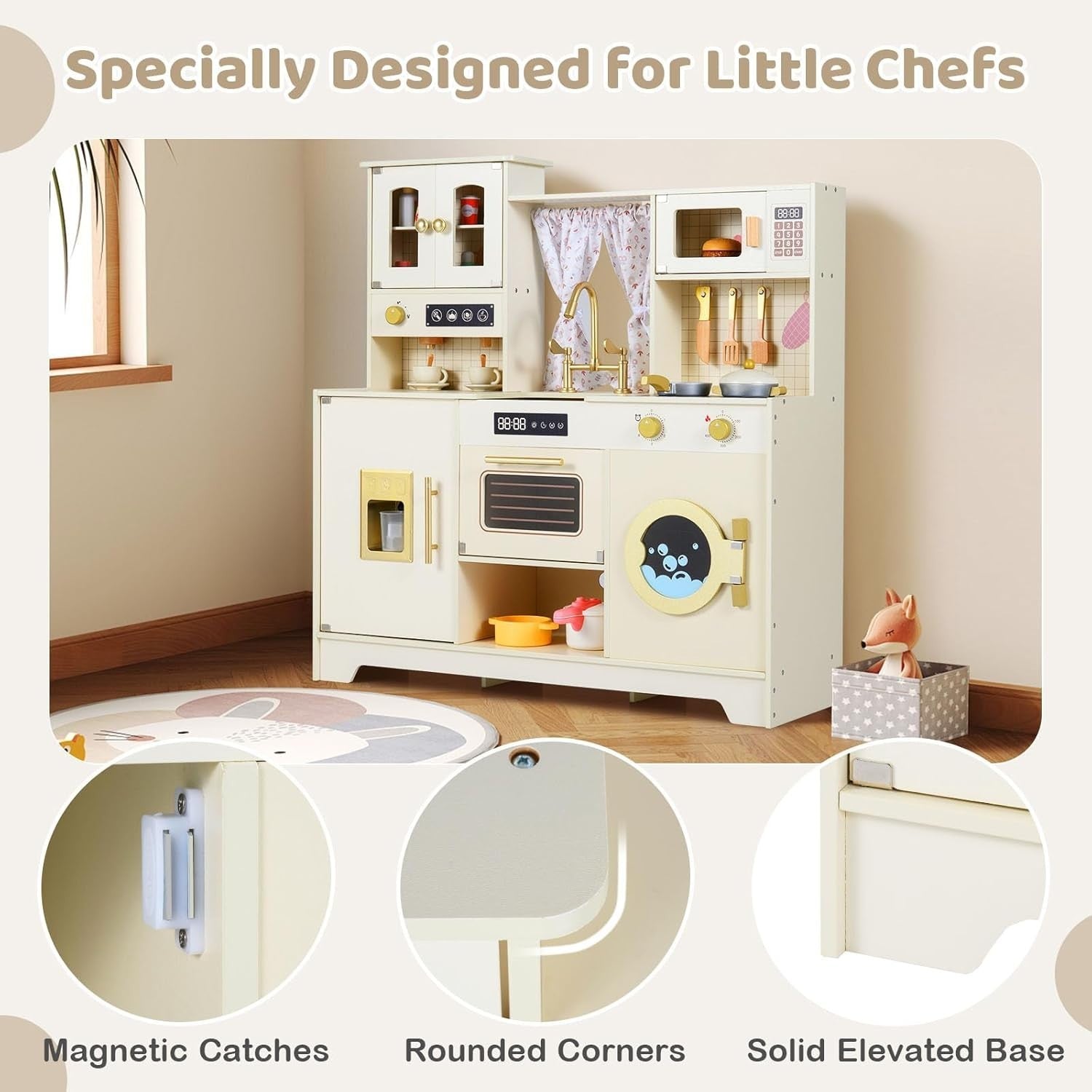 Wooden Kids Play Kitchen Coffee Maker Ice Dispenser Beige Toy