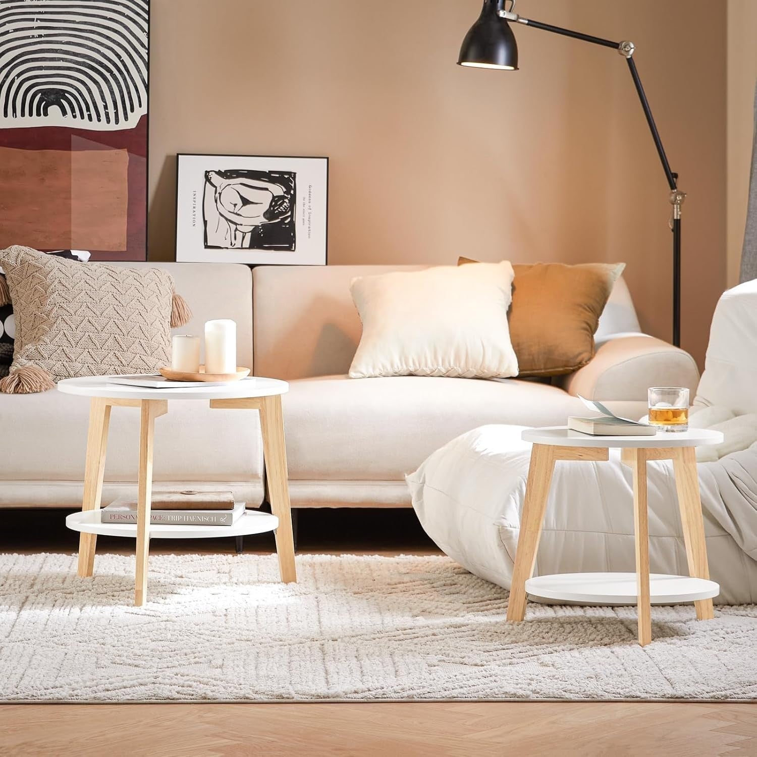 2x Nesting Round Coffee Tables Set Modern White Wood Side End Table Storage