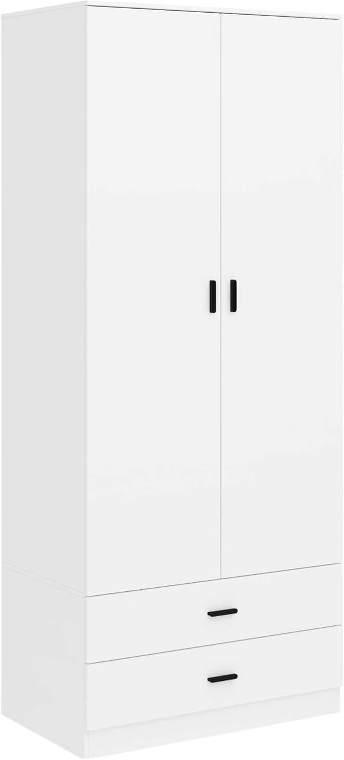 2 Door Wardrobe White Drawers Bedroom Storage Cabinet with Hanging Rail
